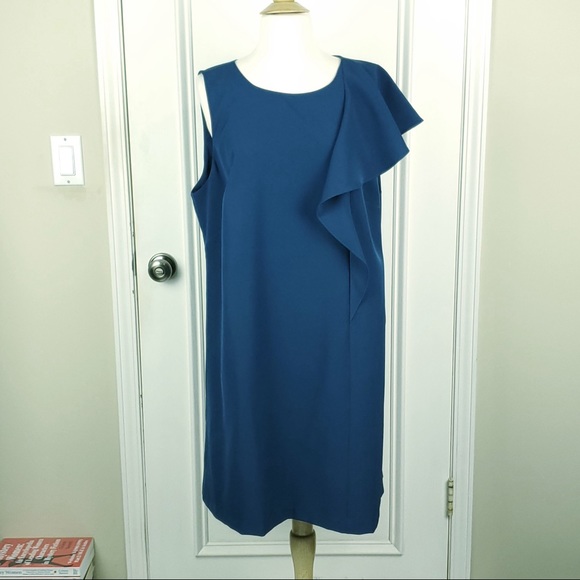 Vince Camuto | Ruffle Crepe A-Line Dress Teal 16W - Picture 2 of 7